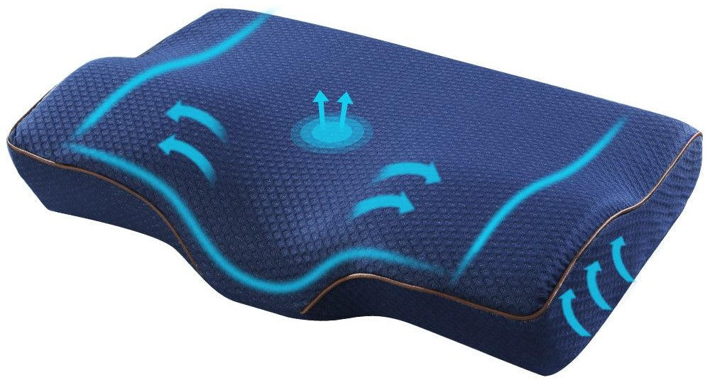 Ergonomic memory foam pillow with contour shape and blue airflow design