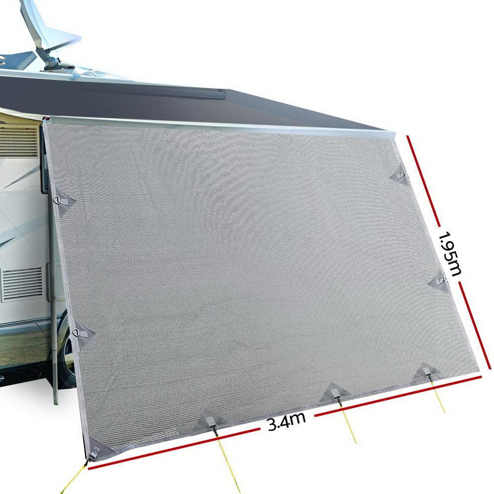 Caravan Privacy Screen Roll Out Awning 3.4x1.95M End Wall Side Sun Shade Grey - Harrogates