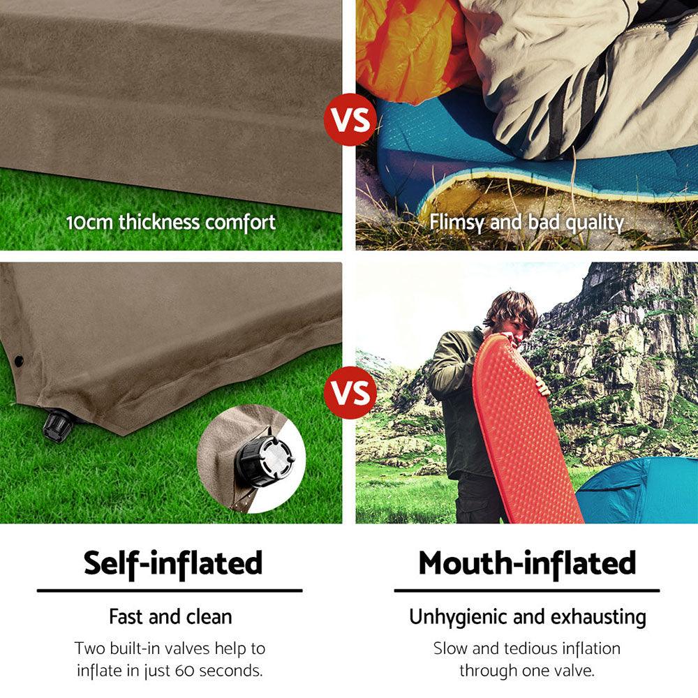 Weisshorn Self Inflating Mattress 10CM Camping Sleeping Mat Air Double Coffee - Harrogates