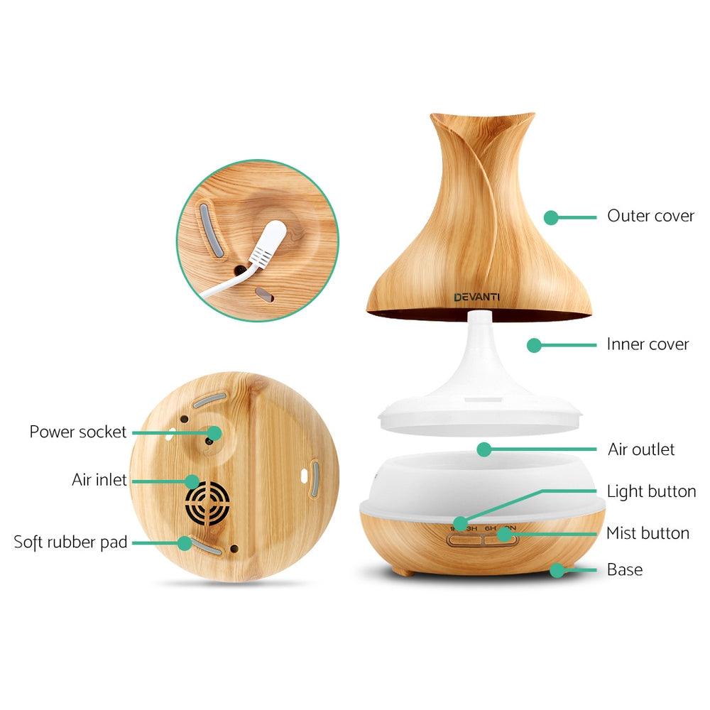 Devanti Aroma Diffuser Aromatherapy Light Wood 400ml - Harrogates