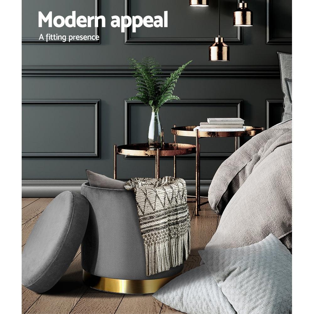Artiss Ottoman Storage Foot Stool Round Velvet Charcoal - Harrogates