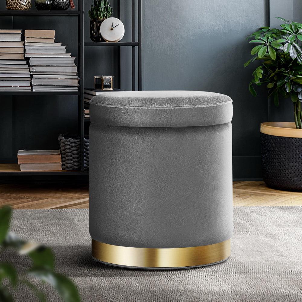 Artiss Ottoman Storage Foot Stool Round Velvet Charcoal - Harrogates