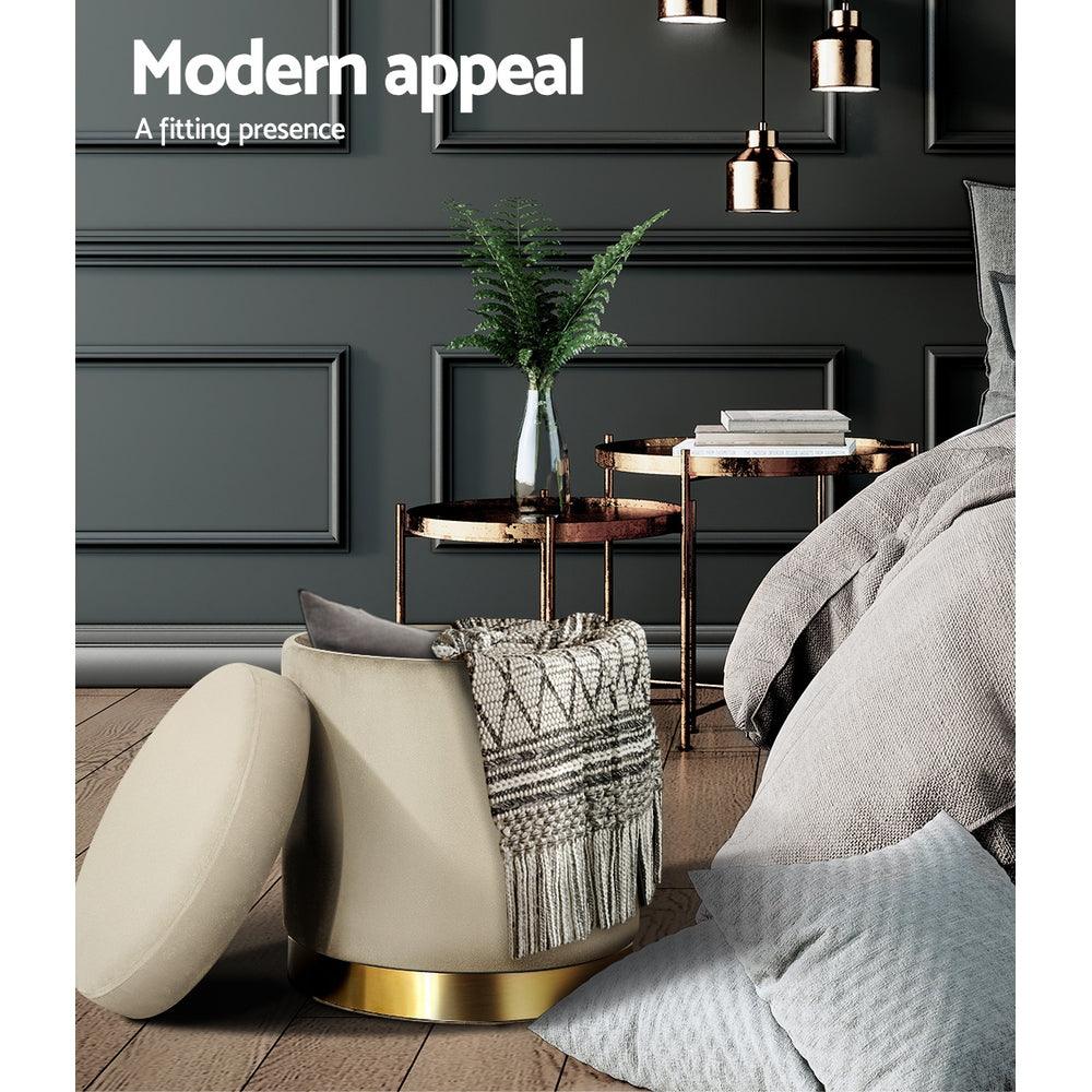 Artiss Ottoman Storage Foot Stool Round Velvet Cream - Harrogates