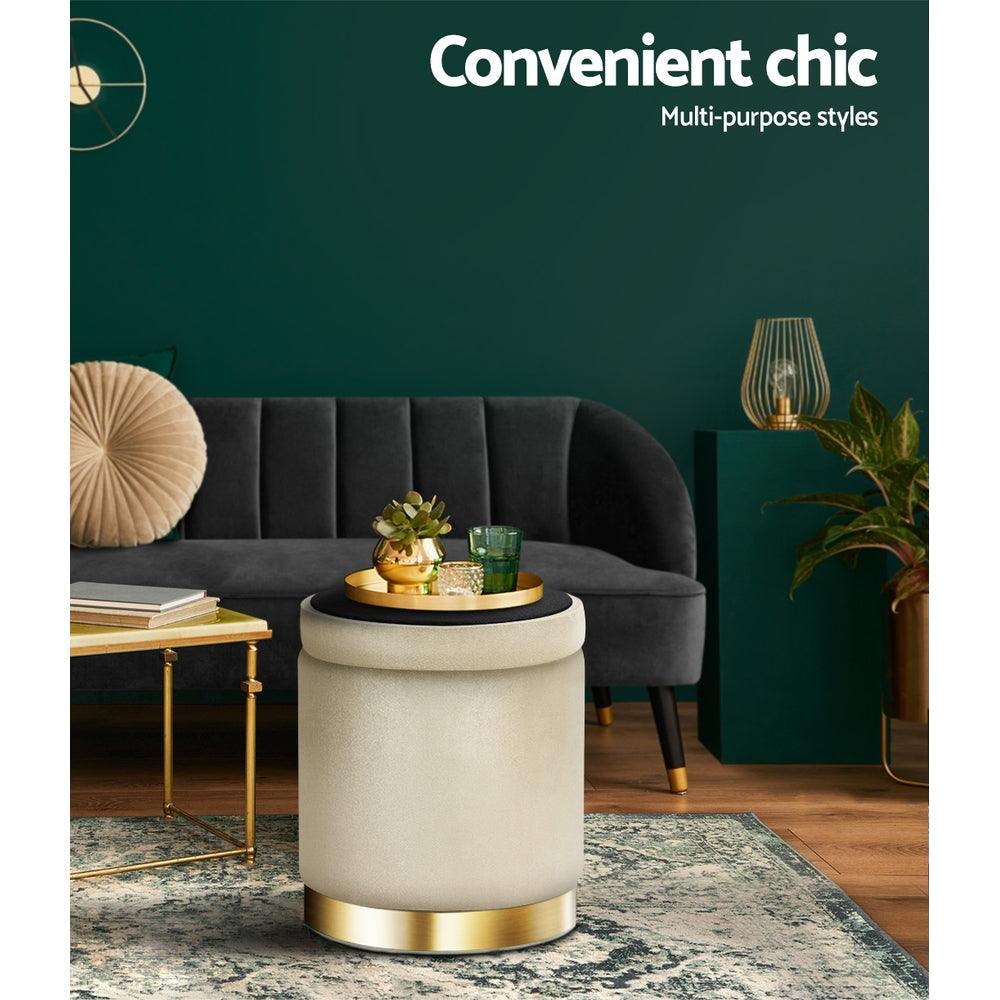 Artiss Ottoman Storage Foot Stool Round Velvet Cream - Harrogates