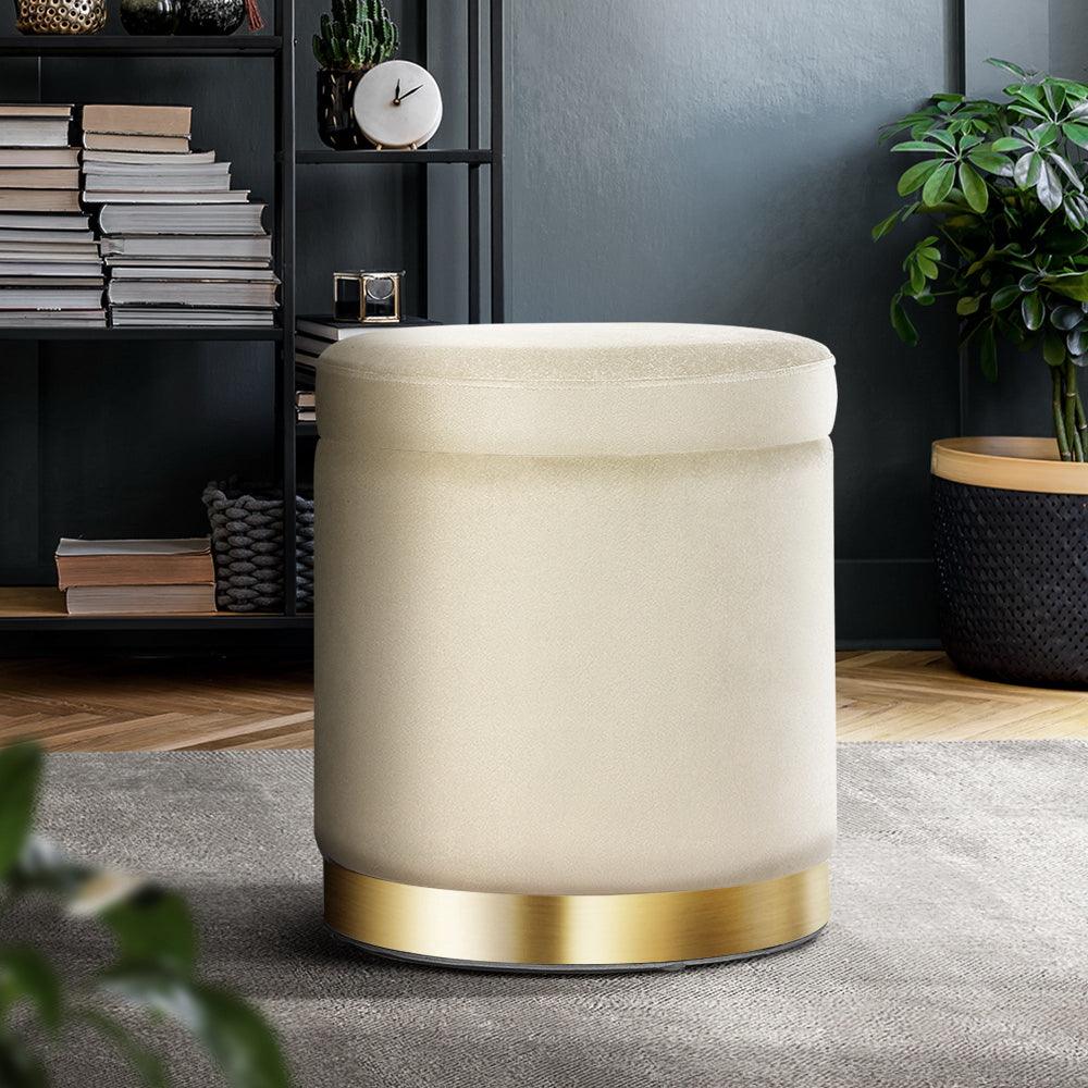 Artiss Ottoman Storage Foot Stool Round Velvet Cream - Harrogates