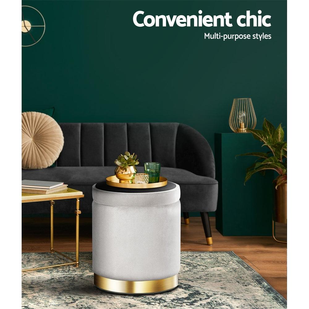 Artiss Ottoman Storage Foot Stool Round Velvet Grey - Harrogates