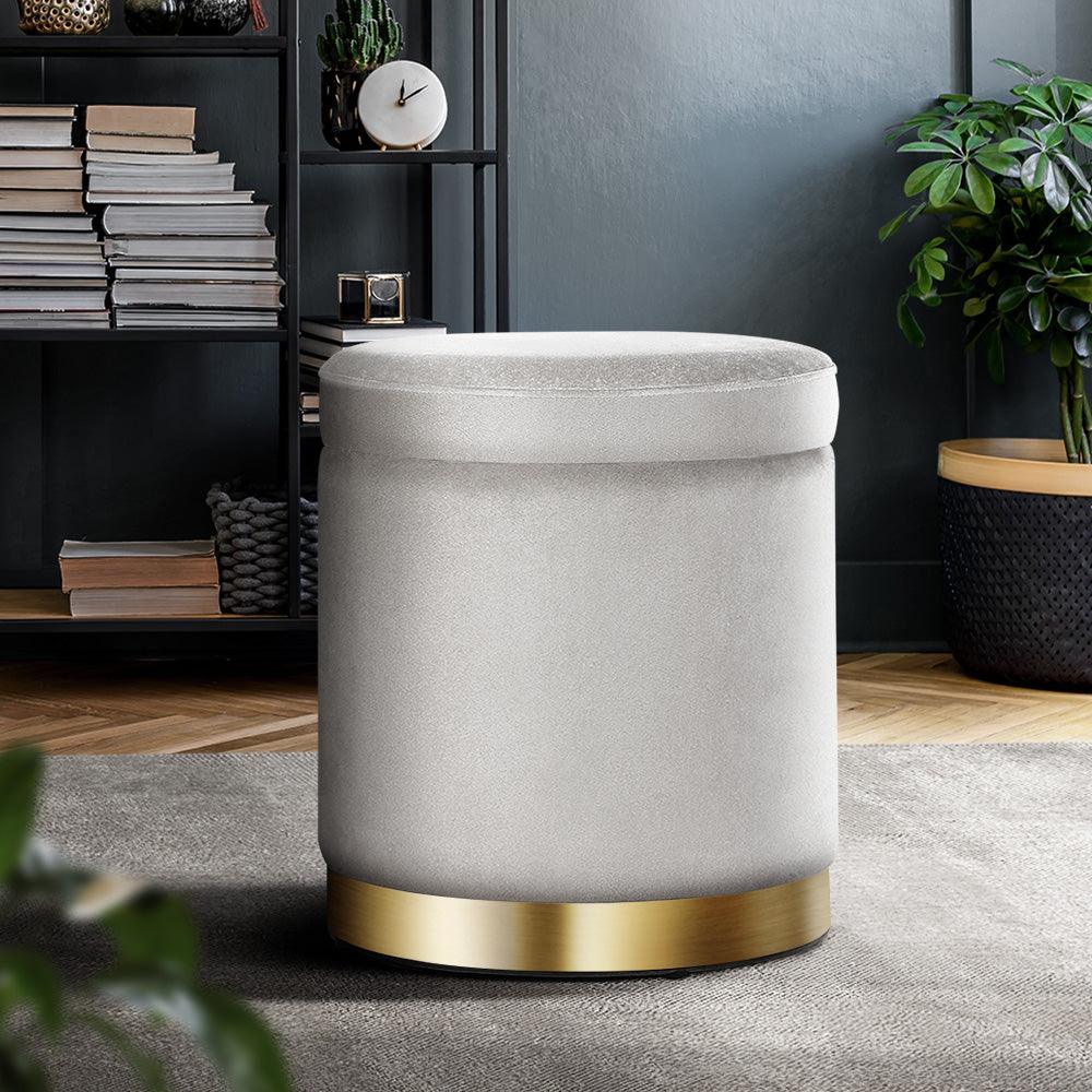 Artiss Ottoman Storage Foot Stool Round Velvet Grey - Harrogates