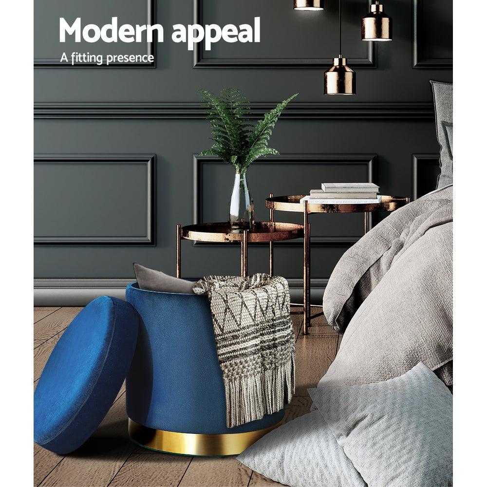 Artiss Ottoman Storage Foot Stool Round Velvet Navy - Harrogates