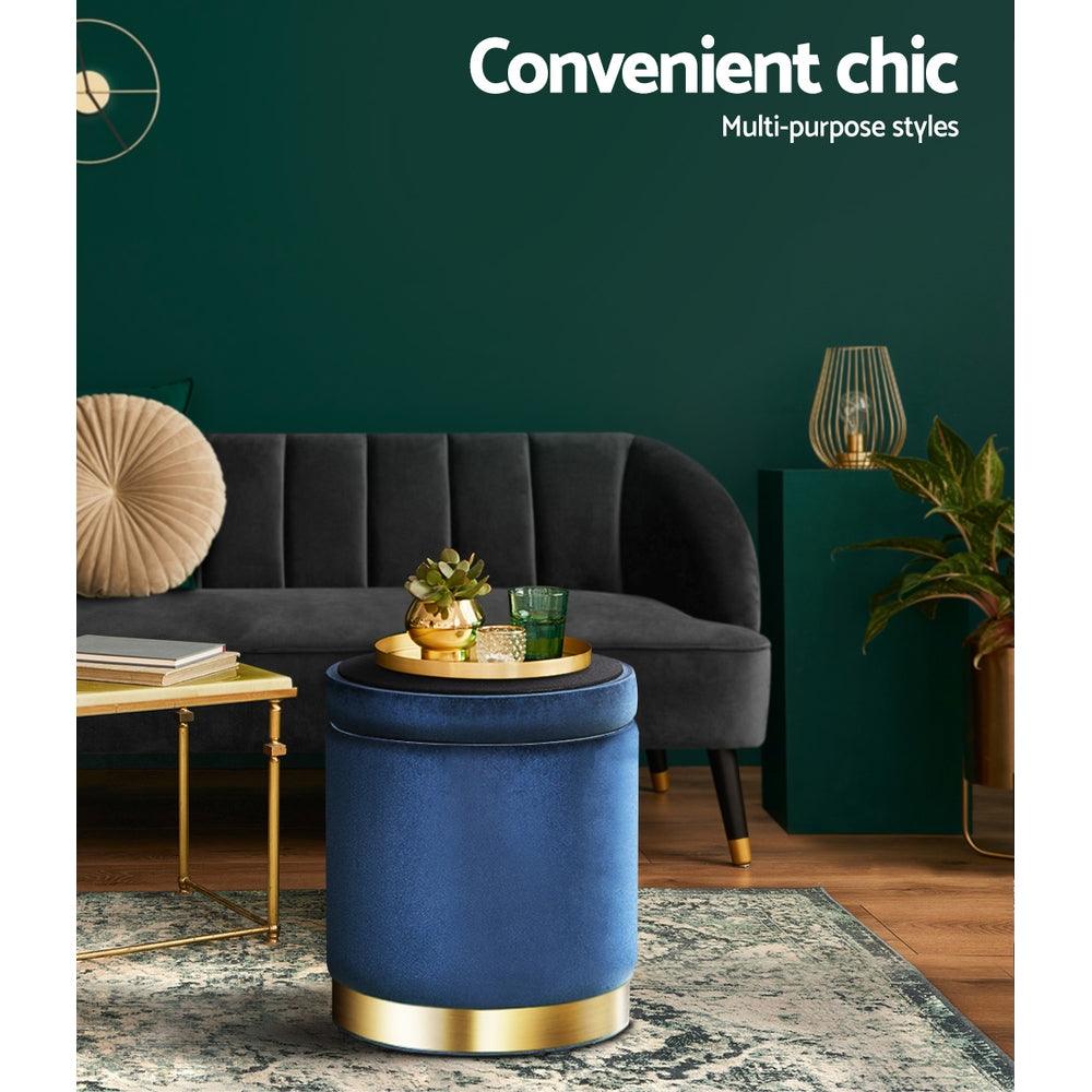 Artiss Ottoman Storage Foot Stool Round Velvet Navy - Harrogates