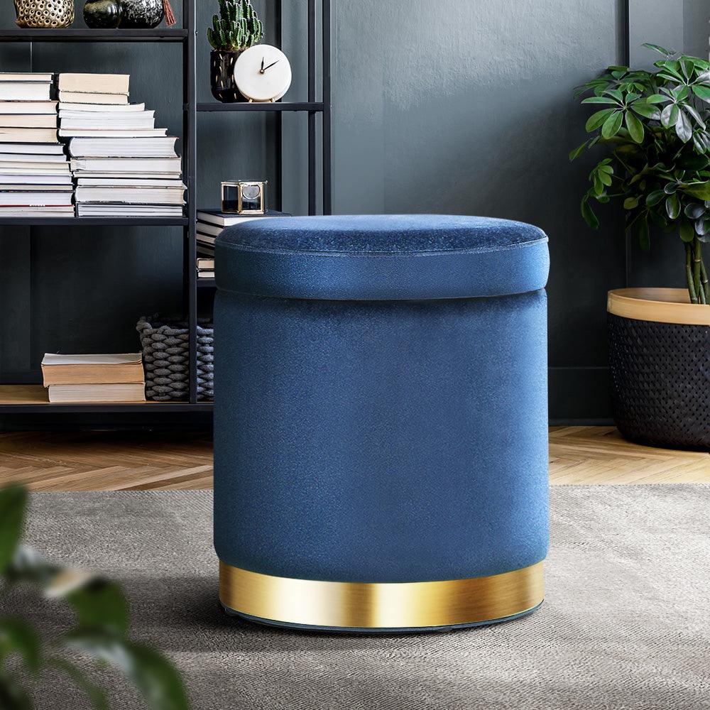 Artiss Ottoman Storage Foot Stool Round Velvet Navy - Harrogates