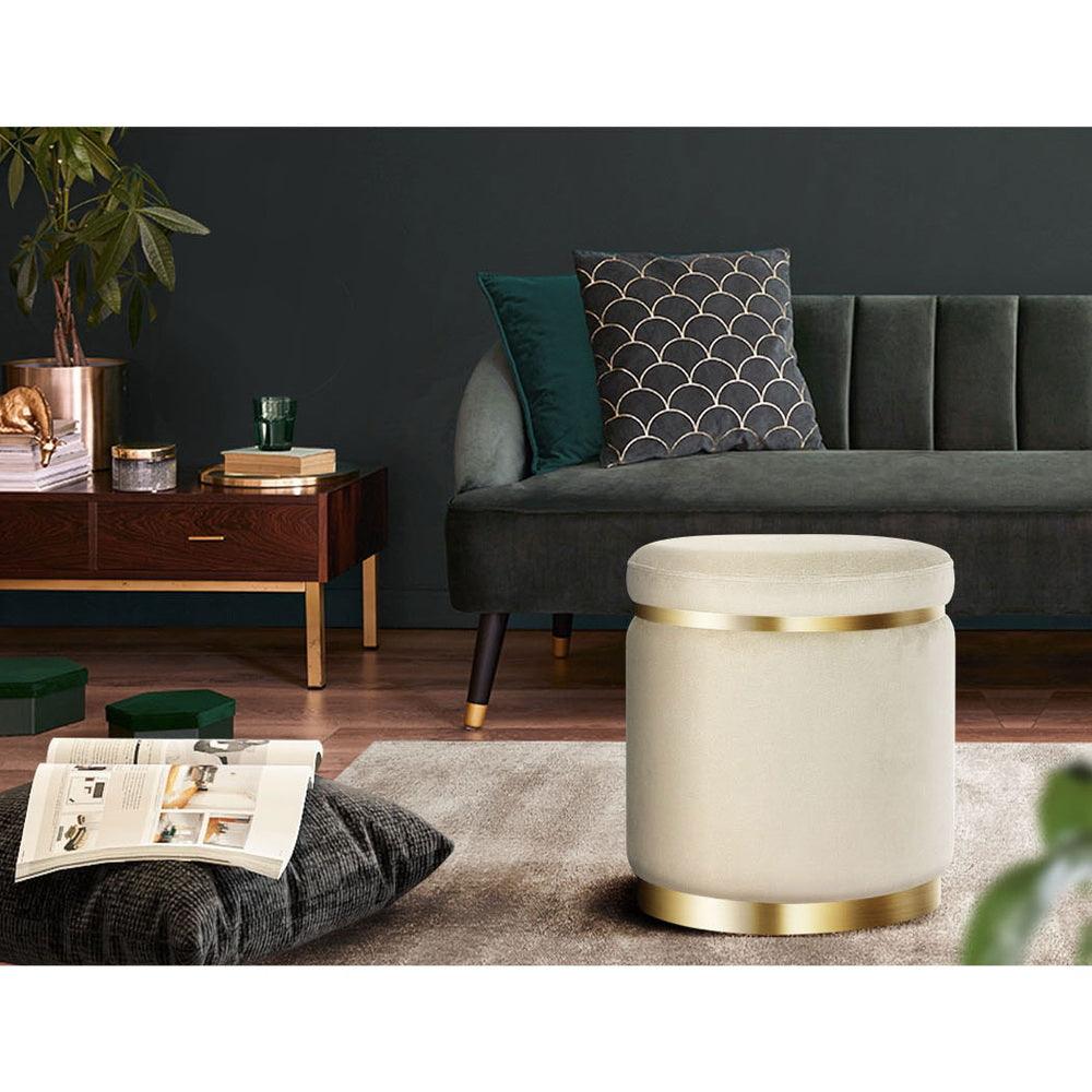 Artiss Ottoman Foot Stool Round Velvet Cream - Harrogates