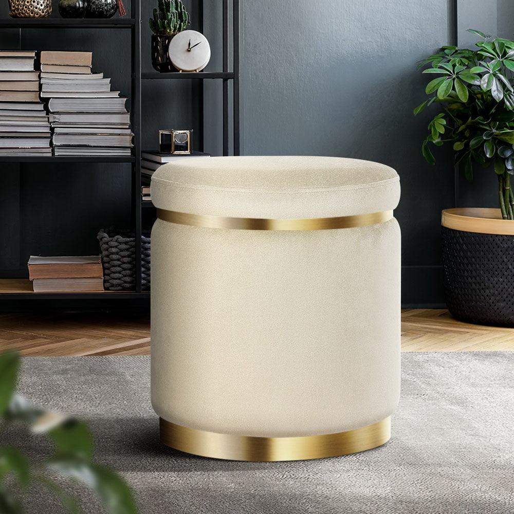 Artiss Ottoman Foot Stool Round Velvet Cream - Harrogates