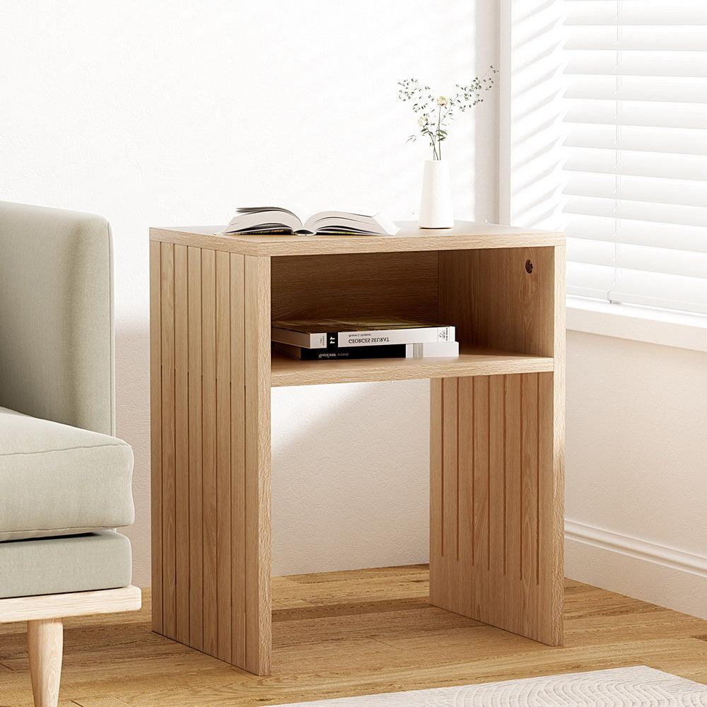Artiss Coffee Table Storage Shelf Fluted Side Pine - Harrogates