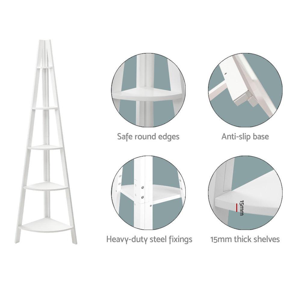 Artiss Bookshelf Corner Shelf 5 Tiers - CANE White - Harrogates