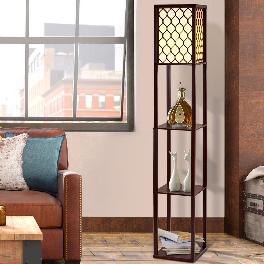 Artiss Floor Lamp 3 Tier Shelf Storage LED Light Stand Home Room Pattern Brown - Harrogates