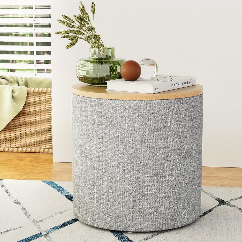 Artiss Storage Ottoman Blanket Box 40cm Linen Round Grey - Harrogates