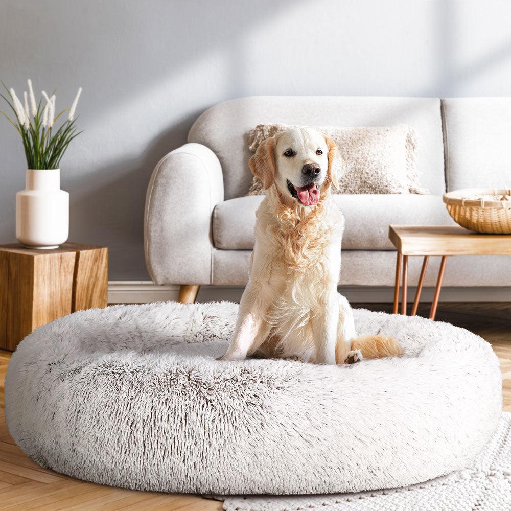 i.Pet Pet Bed Dog Cat 110cm Calming Extra Large Soft Plush White Brown - Harrogates
