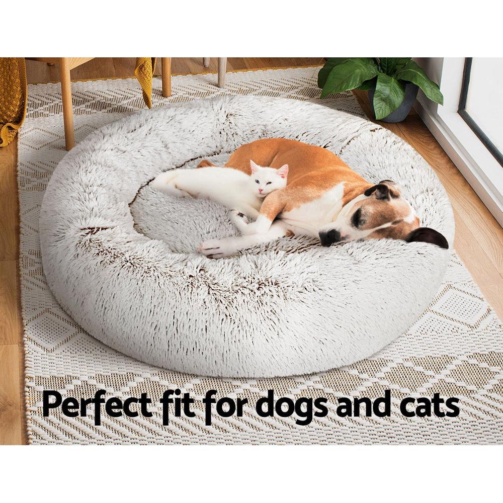 i.Pet Pet Bed Dog Cat 90cm Large Calming Soft Plush White Brown - Harrogates