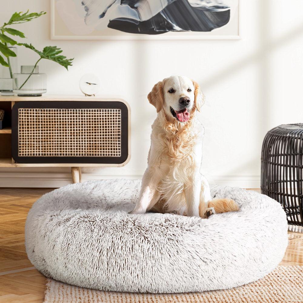 i.Pet Pet Bed Dog Cat 90cm Large Calming Soft Plush White Brown - Harrogates