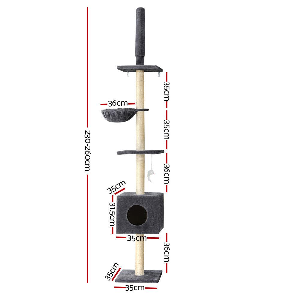 i.Pet Cat Tree 260cm Tower Scratching Post Scratcher Floor to Ceiling Cats Bed Dark Grey - Harrogates