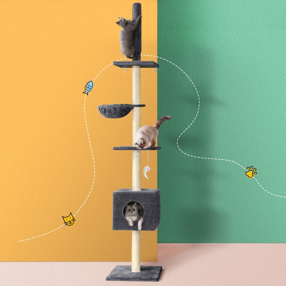 i.Pet Cat Tree 260cm Tower Scratching Post Scratcher Floor to Ceiling Cats Bed Dark Grey - Harrogates