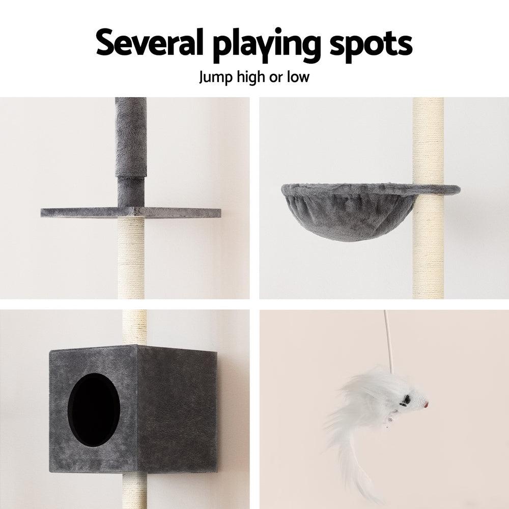 i.Pet Cat Tree 260cm Tower Scratching Post Scratcher Floor to Ceiling Cats Bed Dark Grey - Harrogates