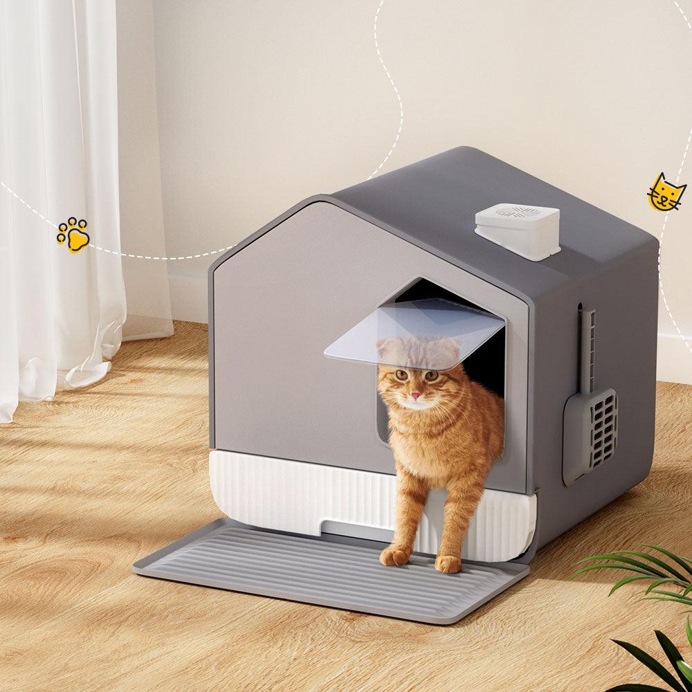 i.Pet Cat Litter Box Large Tray Kitty Toilet Fully Enclosed House Hooded Scoop Mat Grey - Harrogates