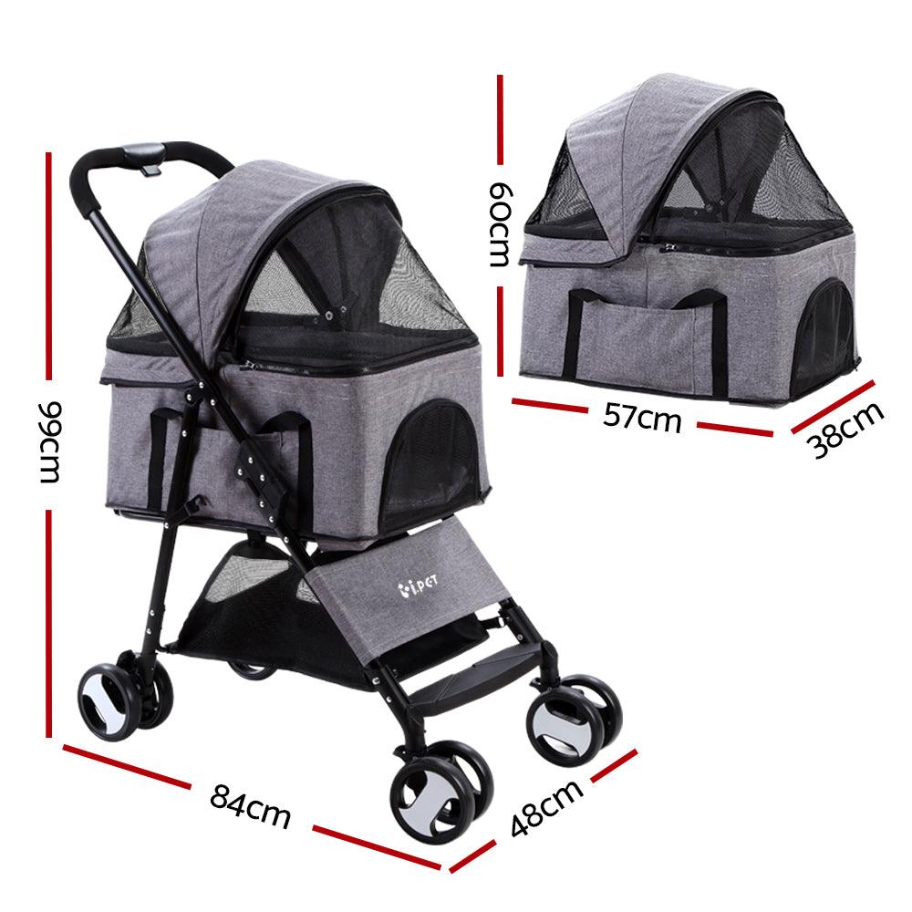 i.Pet Pet Stroller Dog Pram Cat Carrier Travel Large Pushchair Foldable 4 Wheels Grey - Harrogates