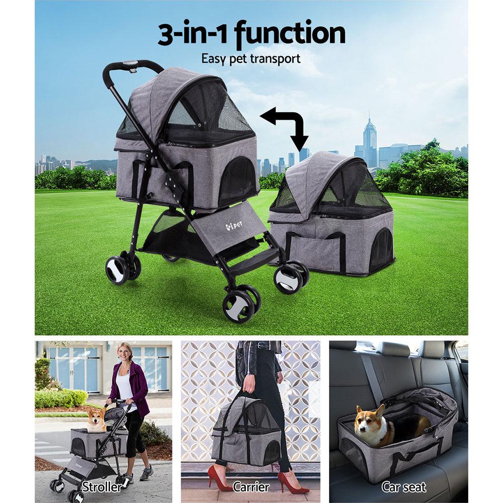 i.Pet Pet Stroller Dog Pram Cat Carrier Travel Large Pushchair Foldable 4 Wheels Grey - Harrogates