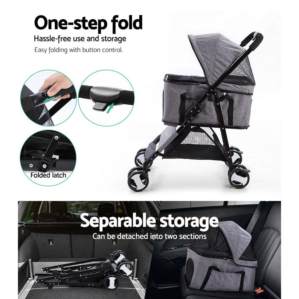 i.Pet Pet Stroller Dog Pram Cat Carrier Travel Large Pushchair Foldable 4 Wheels Grey - Harrogates