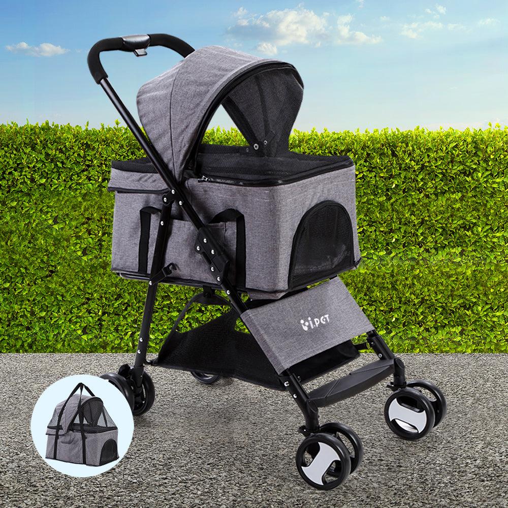 i.Pet Pet Stroller Dog Pram Cat Carrier Travel Large Pushchair Foldable 4 Wheels Grey - Harrogates