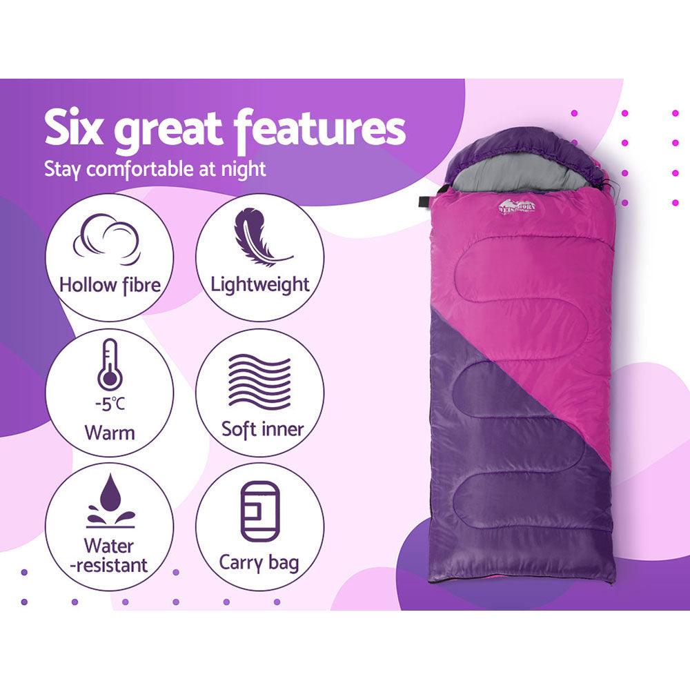 Weisshorn Sleeping Bag Kids Single 172cm Thermal Camping Hiking Pink - Harrogates