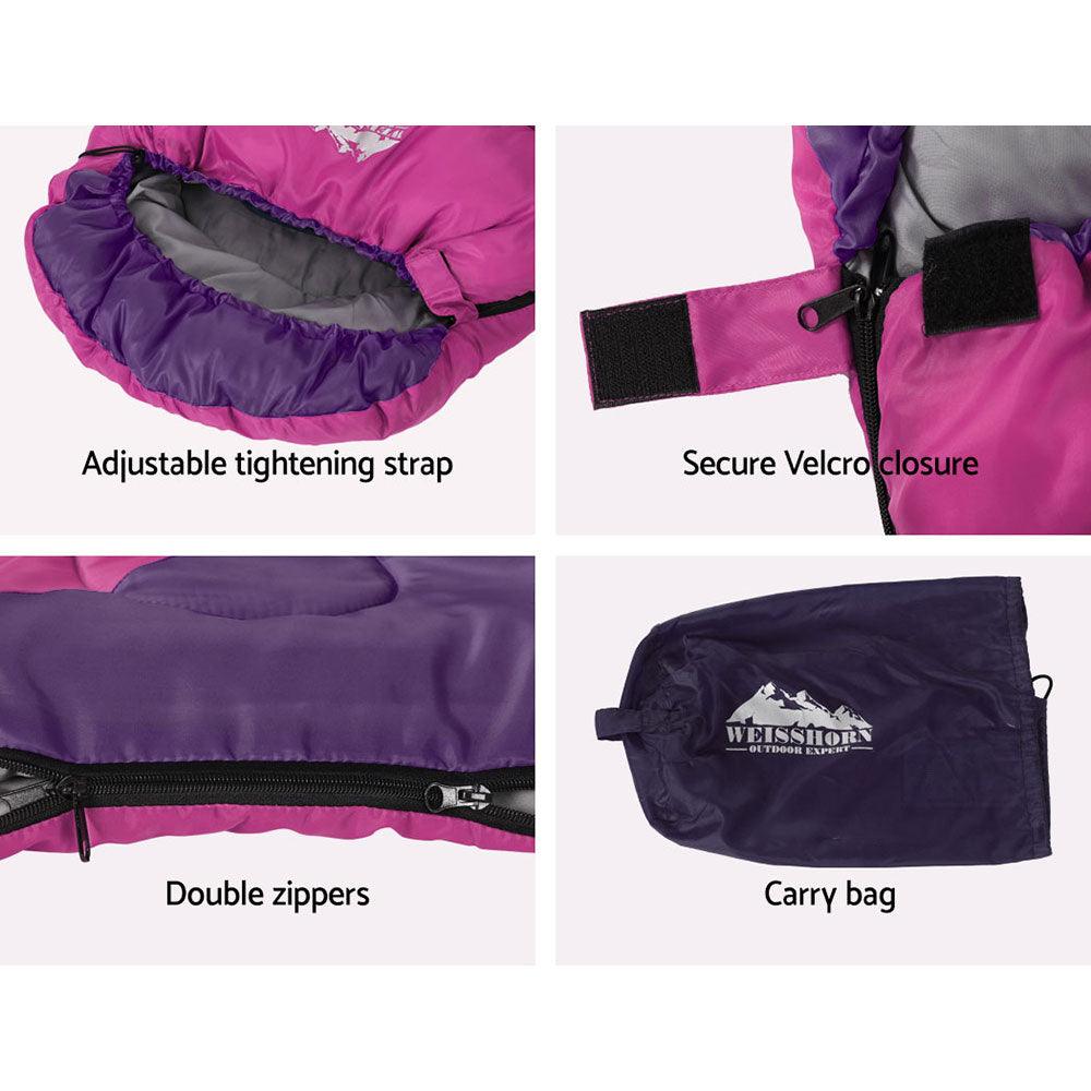 Weisshorn Sleeping Bag Kids Single 172cm Thermal Camping Hiking Pink - Harrogates
