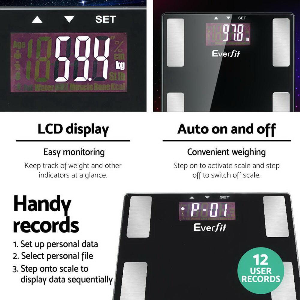 Everfit Body Fat Bathroom Scale Weighing BMI Monitor Gym 180KG - Harrogates