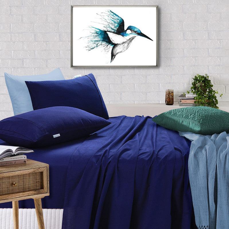 Elan Linen 100% Egyptian Cotton Vintage Washed 500TC Navy Blue 50 cm Deep Mega Queen Bed Sheets Set - Harrogates