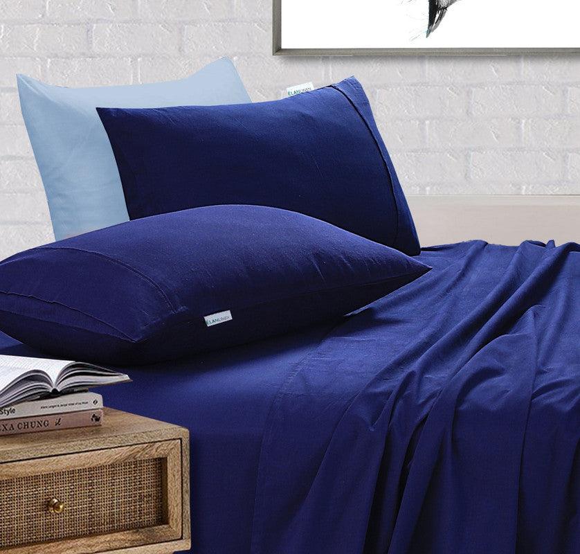 Elan Linen 100% Egyptian Cotton Vintage Washed 500TC Navy Blue 50 cm Deep Mega Queen Bed Sheets Set - Harrogates