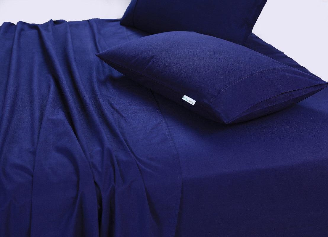 Elan Linen 100% Egyptian Cotton Vintage Washed 500TC Navy Blue 50 cm Deep Mega Queen Bed Sheets Set - Harrogates