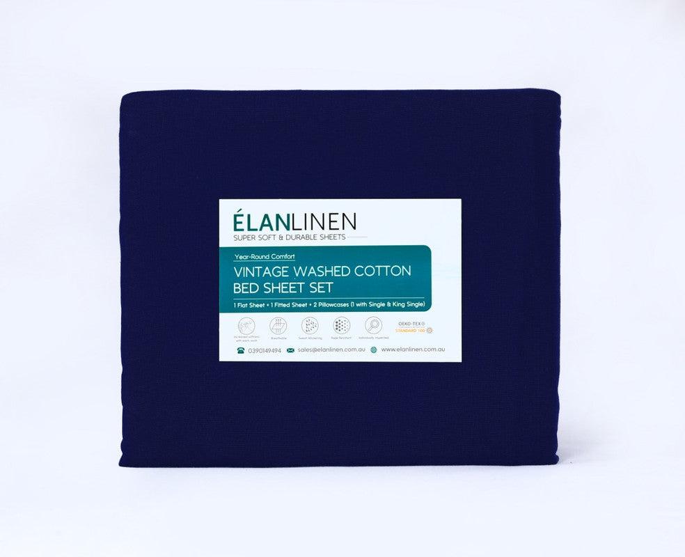 Elan Linen 100% Egyptian Cotton Vintage Washed 500TC Navy Blue 50 cm Deep Mega Queen Bed Sheets Set - Harrogates