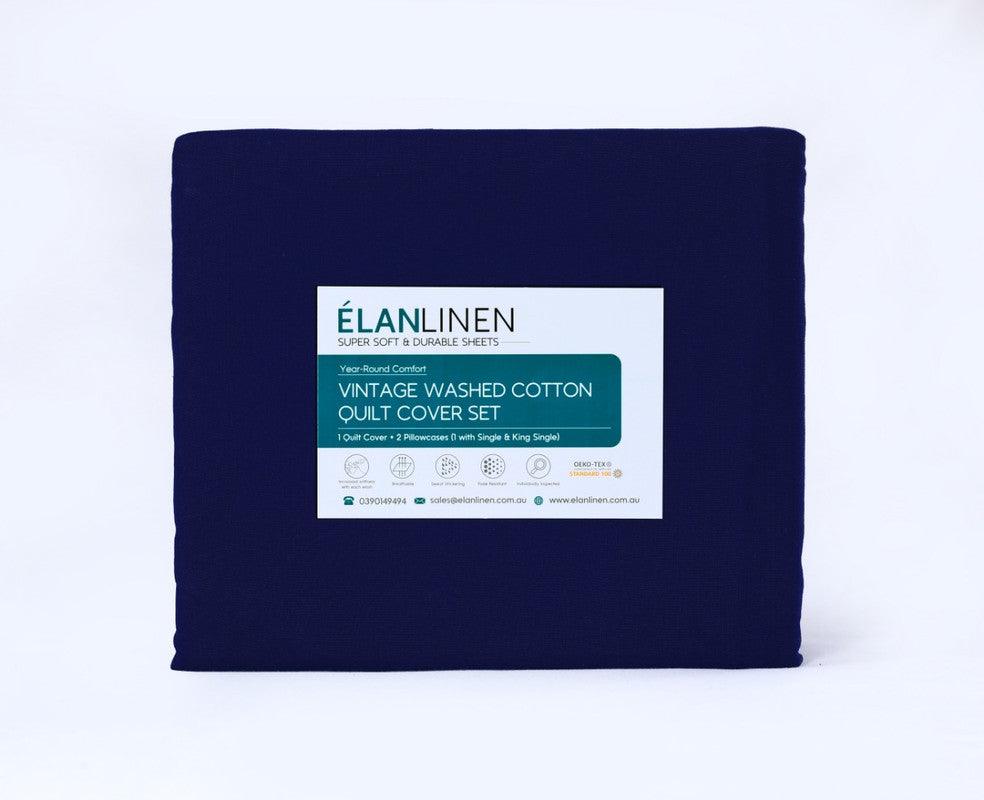 Elan Linen 100% Egyptian Cotton Vintage Washed 500TC Navy Blue 50 cm Deep Mega Queen Bed Sheets Set - Harrogates