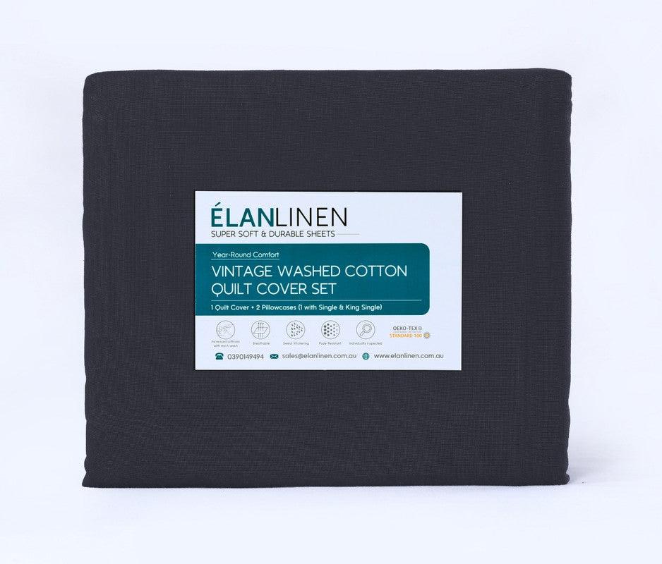 Elan Linen 100% Egyptian Cotton Vintage Washed 500TC Charcoal Single Bed Sheets Set
