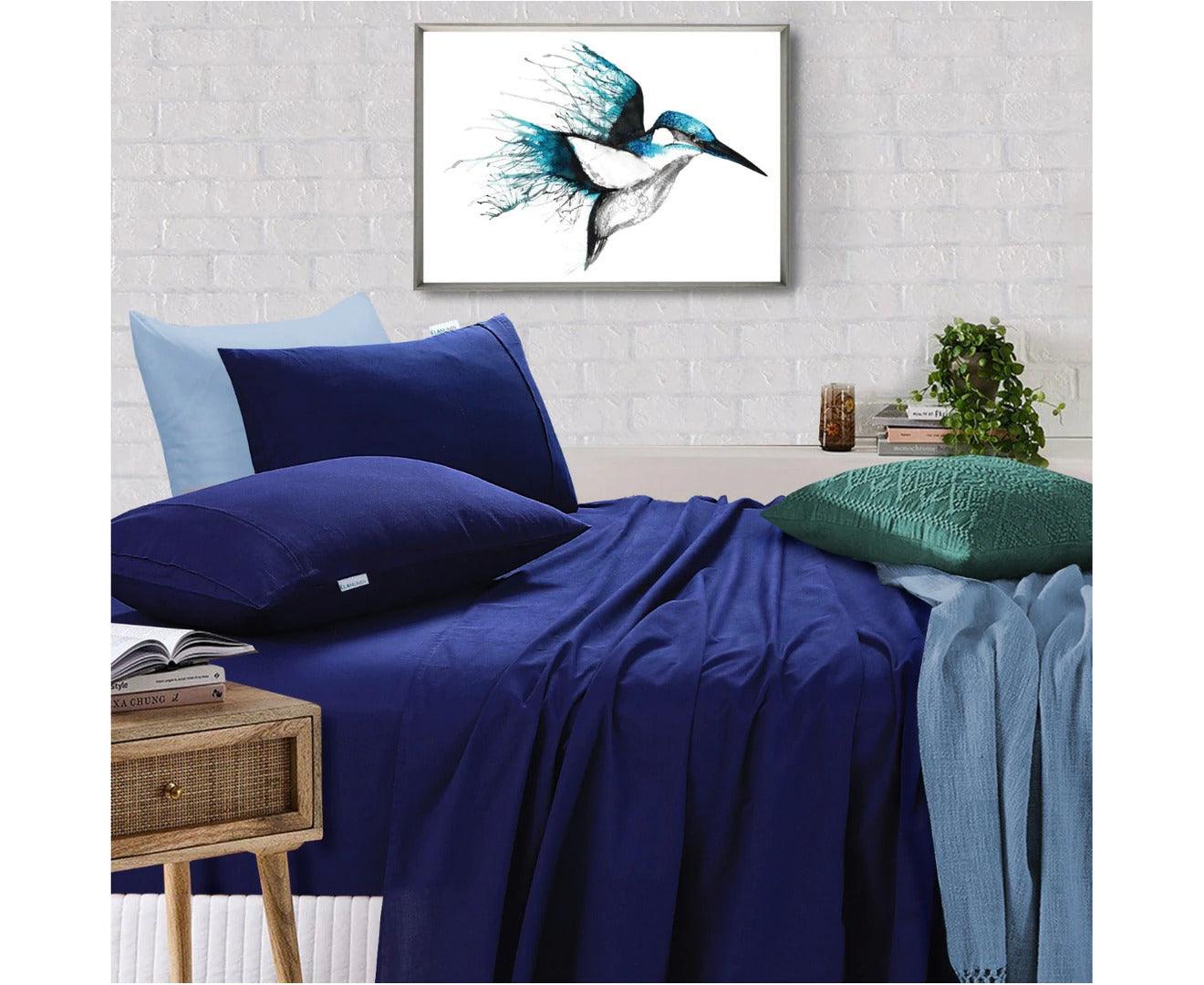 Elan Linen 100% Egyptian Cotton Vintage Washed 500TC Navy Blue Single Bed Sheets Set - Harrogates