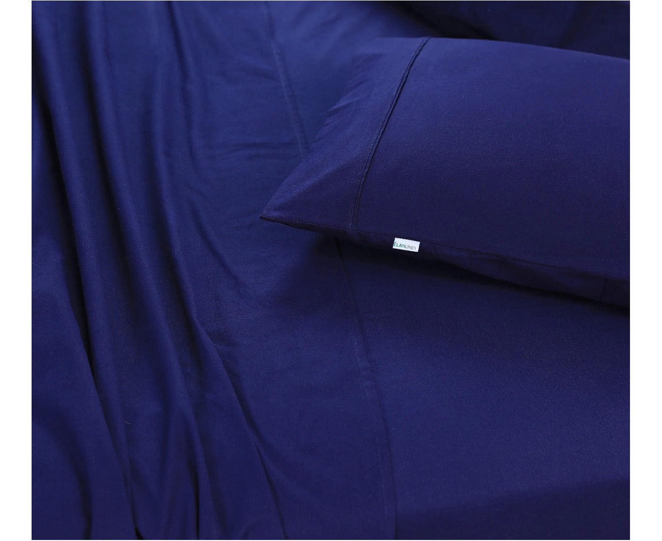 Elan Linen 100% Egyptian Cotton Vintage Washed 500TC Navy Blue Single Bed Sheets Set - Harrogates