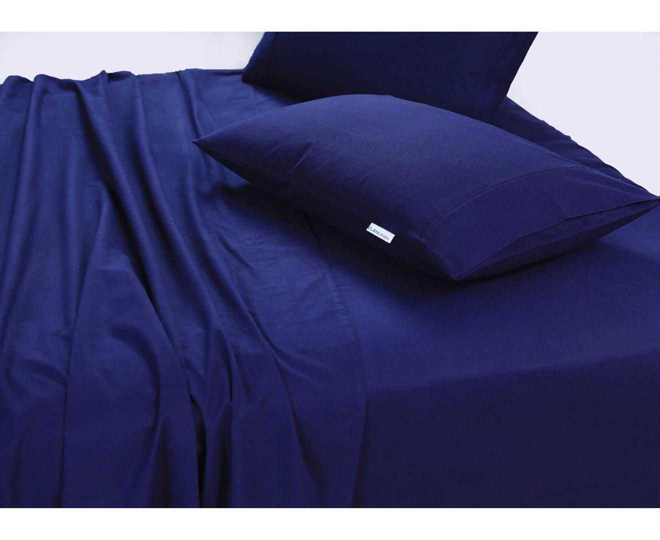 Elan Linen 100% Egyptian Cotton Vintage Washed 500TC Navy Blue Single Bed Sheets Set - Harrogates