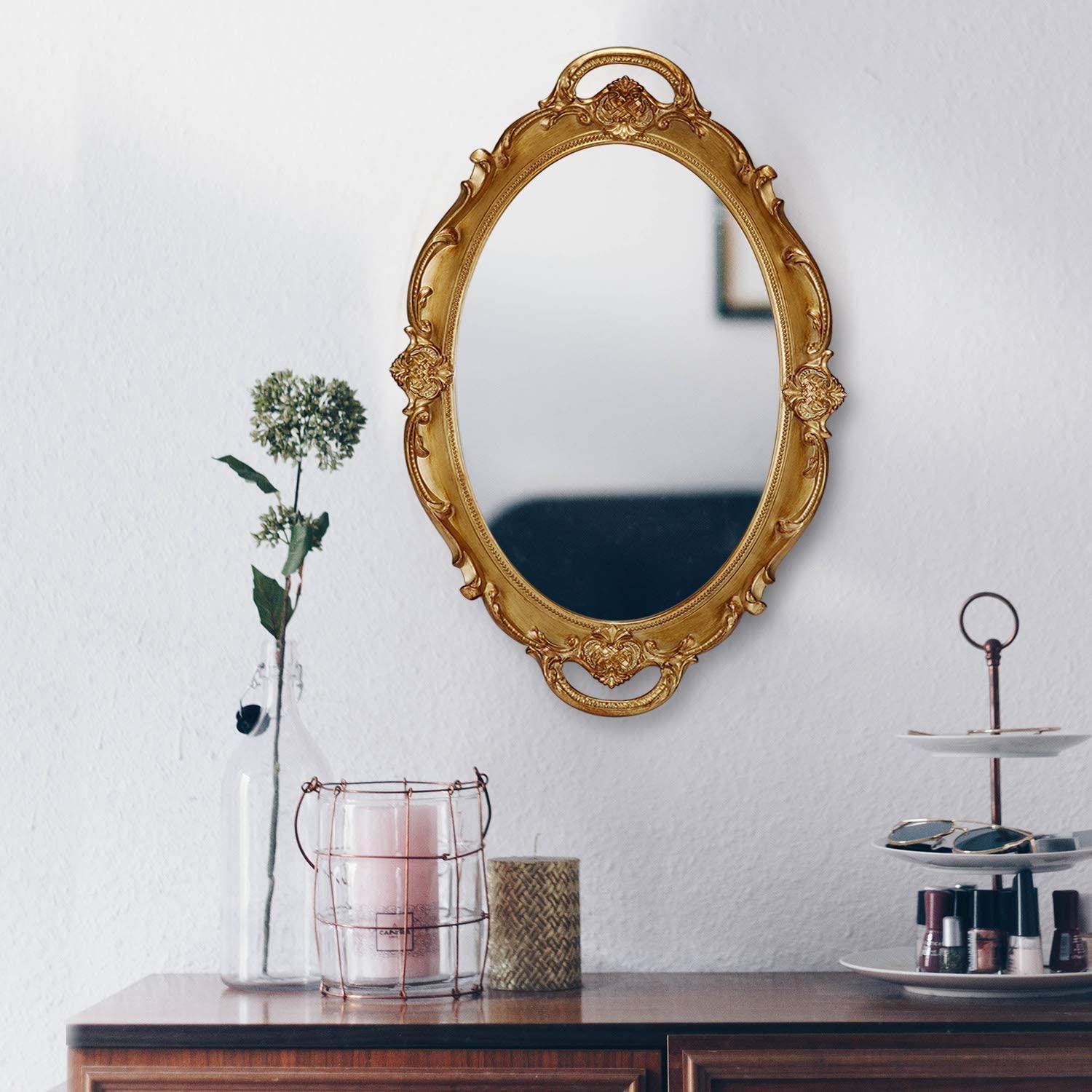 Oval Antique Gold 25 x 38 cm Vintage Carved Hanging Wall Mirror for Bedroom and Living-Room - Harrogates
