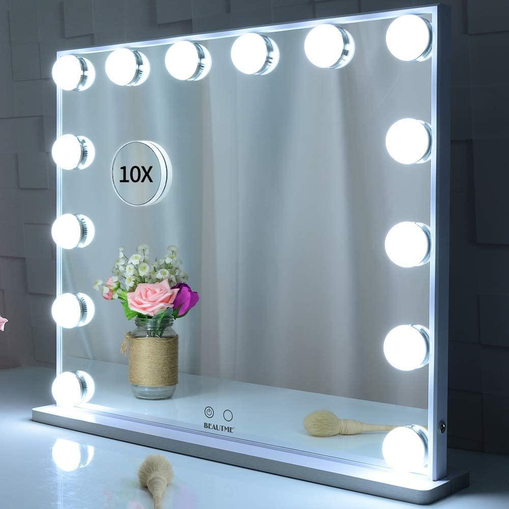 Hollywood Makeup Vanity Mirror with LED Lights and Detachable 10X Magnification Mirror (White, 62 x 51 cm) - Harrogates