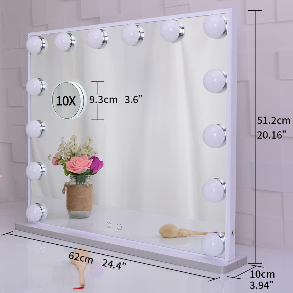 Hollywood Makeup Vanity Mirror with LED Lights and Detachable 10X Magnification Mirror (White, 62 x 51 cm) - Harrogates