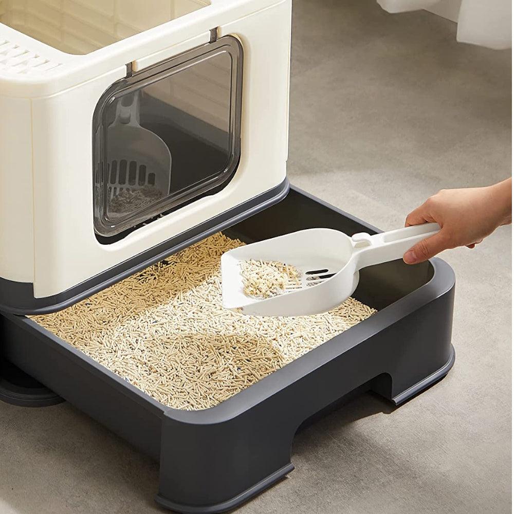 Feandrea Cat Litter Tray with Lid and Door Beige and Black PPT001W01 - Harrogates
