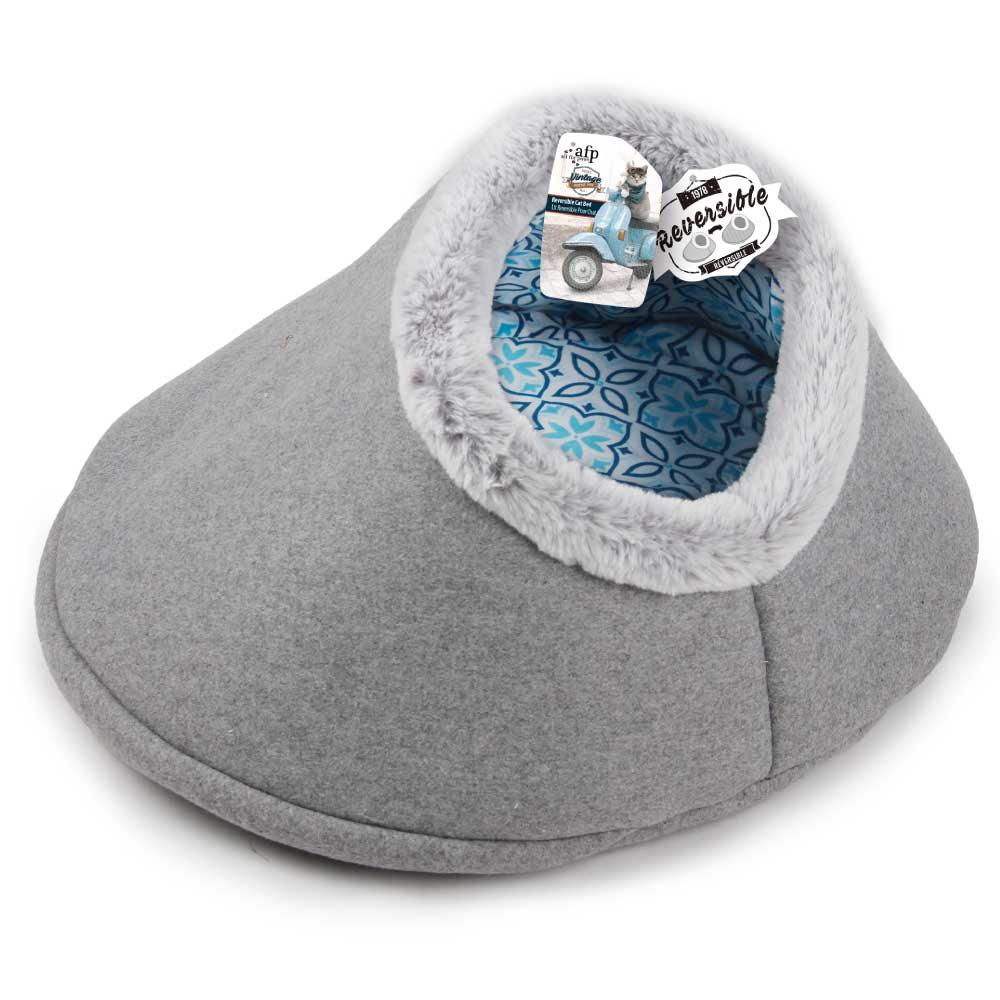 Igloo Cat Bed Reversible Cave - Grey Retro Vintage Faux Felt Fabric - AFP - Harrogates