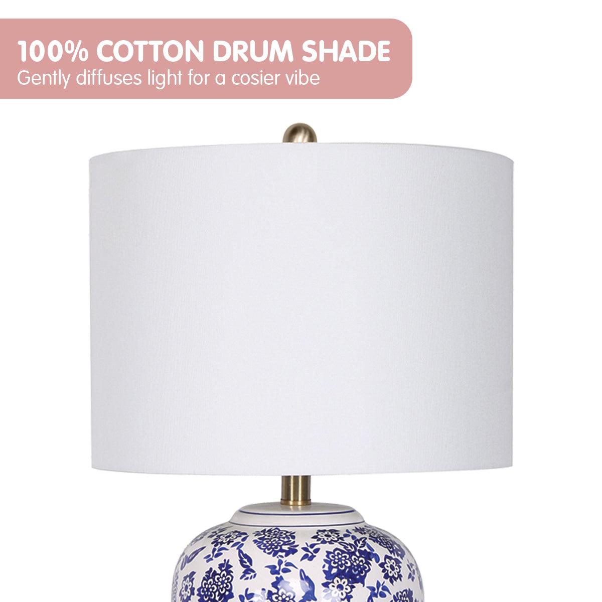 Sarantino Table Lamp Ceramic Floral Base Cotton Drum Shade - Harrogates