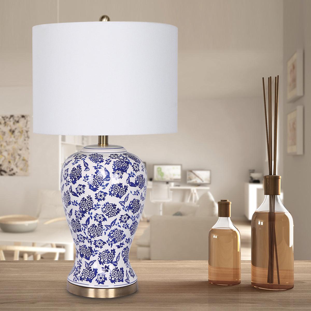 Sarantino Table Lamp Ceramic Floral Base Cotton Drum Shade - Harrogates